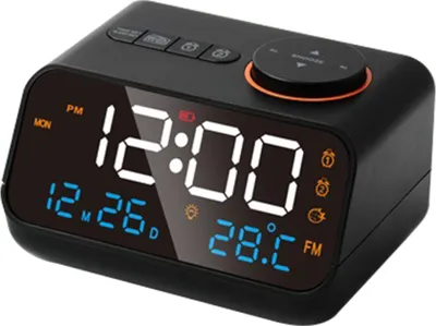 Produktbild von Multifunktionaler Wecker mit FM-Radio, wiederaufladbare LED-Digitaluhr mit Temperatur- und Feuchtigkeitsanzeige, unterstuetzt Tonaktivierung/Weiterschalten, Helligkeit/Lautstaerke einstellbar, Schlummerfunktion