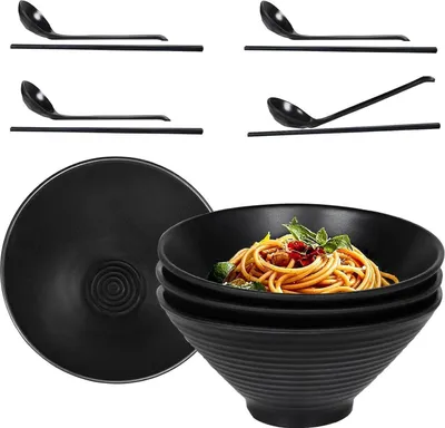 Image de Set de bols Ramen en mélamine | Pack de 4 bols à soupe 40 OZ | Noir