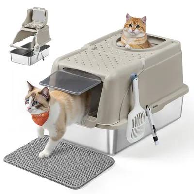 Produktbild von Feandrea Edelstahl Katzenklo, XL, Katzentoilette mit Deckel, mit Schaufel, Bürste und 2 Eingängen, für Katzen bis 15 kg, cappuccinobeige