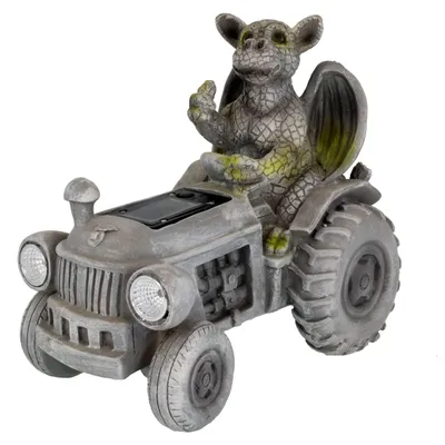 Gartenfigur Drakenkind auf Traktor mit Solar-Laterne, 23 cm