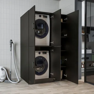 Image de Armoire de rangement pour lave-linge Roomart DORA-II, 115 cm de large, noir-chêne