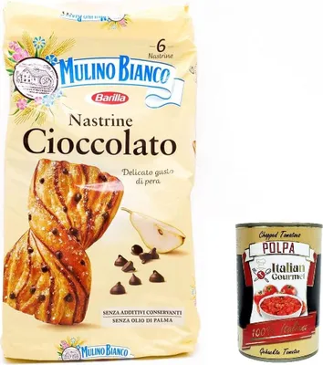 Produktbild von 3x Mulino Bianco Nastrine con gocce di cioccolato, Snacks Schokoladenbänder, mit zartem Birnengeschmack, süßer Snack für zwischendurch – 6 Snacks + Italian gourmet polpa 400g