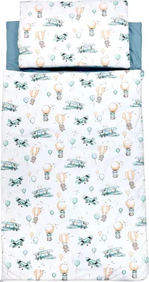 Produktbild von TupTam Deckenschlafsack mit Kissen und Beutel für unterwegs,140×75 cm für Kindergarten, Reisen und Zuhause, Farbe: Füchse im Flugzeug / Grün, Größe: 70 x 135cm