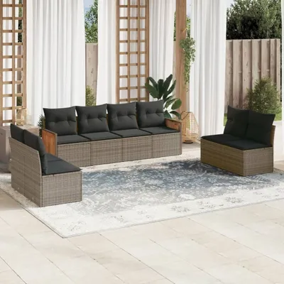 Produktbild von Design 8-tlg. Garten-Sofagarnitur mit Kissen Grau Poly Rattan, Gartenmöbel-Sets 2024 Neu