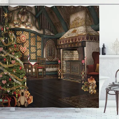 Produktbild von ABAKUHAUS Weihnachten Duschvorhang, Winter-Feier, Set inkl.12 Haken aus Stoff Wasserdicht Bakterie und Schimmel Abweichent, 175 x 180 cm, Taupe Brown
