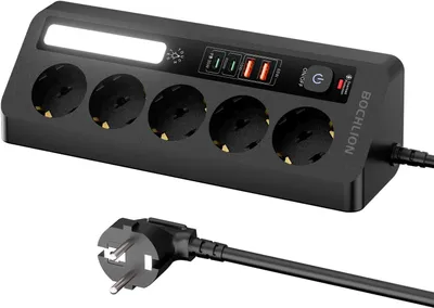 Zdjęcie produktu dla Listwa zasilająca z 5 gniazdami i 4 portami USB – listwa z zabezpieczeniem przed przepięciami i oświetleniem LED