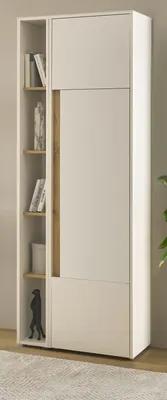 A modern white and wood tone cabinet with an open shelving unit on the left.