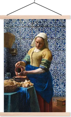 Produktbild von MuchoWow® Textilposter Milchmädchen - Delfter Blau - Vermeer - Gemälde - Alte Meister 120x180 cm mit holzfarbenen Rahmen - Textil-Plakat