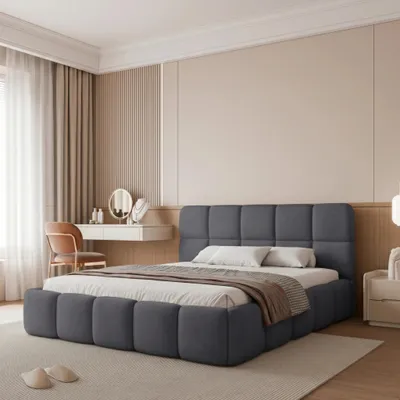 Obrázek produktu pro Čalouněná postel CERETTO 180x200, šedá plyšová, s úložným prostorem a roštem