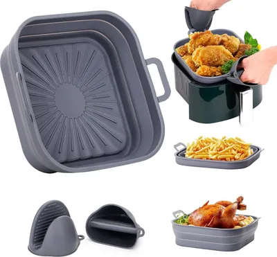 Produktbild von 20cm Silikonform für Heißluftfritteuse, Faltbare Airfryer Silikonform Eckig mit 2 Handschuhen, Wiederverwendbar Luftfritteuse Silikoneinsatz