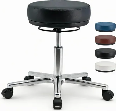 Produktbild von VERSEE Drehhocker Echtleder Schwarz – 46–62 cm höhenverstellbar, 150 kg, ergonomisch für Büro & Praxis