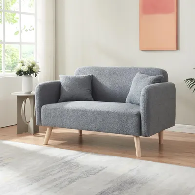 Obrázok produktu pre 2-miestna pohovka "Midt" čalúnená bouclé 132 x 70 x 81 cm s drevenými nožičkami sivá