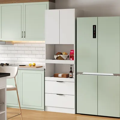 Produktbild von Flieks 2 m hoher Küchenschrank, Hochschrank mit 2 Schiebeböden und 2 Schubladen, Beistellschrank für Esszimmer Wohnzimmer Bad, Mikrowellenregale, Weiß