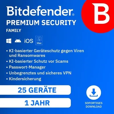 Produktbild von Bitdefender Premium Security Family / 25 Geräte / 1 Jahr / Lizenz per E-Mail