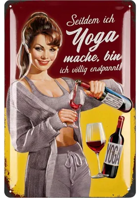 Produktbild von LANOLU Retro Blechschild Wein Yoga, Bild Küche, Schilder mit Sprüchen, Retro Deko, Küchenbilder, Weindeko, Vintage Metallschild 20x30cm