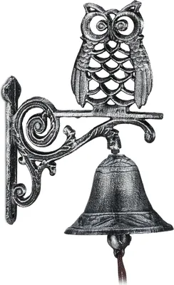 Produktbild von 2 x Türglocke Gusseisen, Eule, antiker Landhausstil, mit Kordel, wetterfest, Wandglocke Haustür, Gartendeko, silber