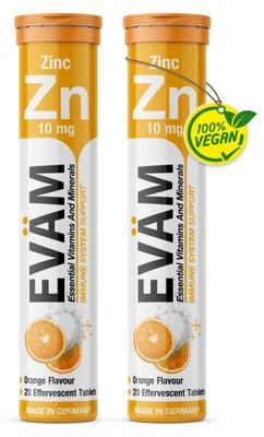Image de Zinc 10 mg comprimés effervescents lot de 2, (40 pcs), orange, vegan, sans sucres ajoutés, immunité, peau, cheveux, ongles – EVÄM