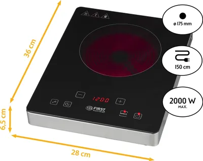 Immagine prodotto di TZS First Austria Piastra elettrica a infrarossi singola | Elettrica, 2000 W | 175 mm | VetroVetroceramica | Pannello di controllo touch | Mobile | Acciaio inossidabile *Prodotto di seconda scelta*