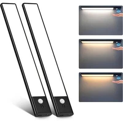 Produktbild von 2 Stück-23cm, 60 LED Bewegungsmelder Unterbauleuchte, Handsweep, 3 Farbtemperaturen, dimmbar, wiederaufladbar, kabellos, magnetisch, für Flur, Treppe
