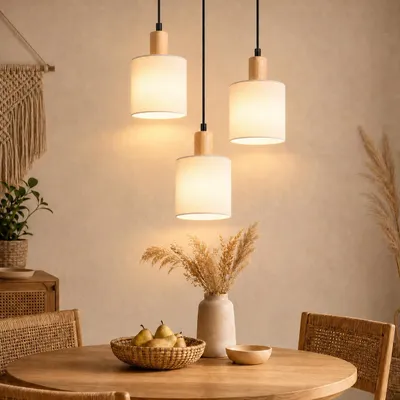 Produktbild von ZMH Pendelleuchte Holz 3 Flammig Rund Stoff Esstischlampe Vintage Hängeleuchte E14 Hängelampe Rustikal für Wohnzimmer Restaurant Schlafzimmer Weiß