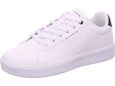 A white sneaker with a black accent on the heel, shown from a side angle against a white background.
