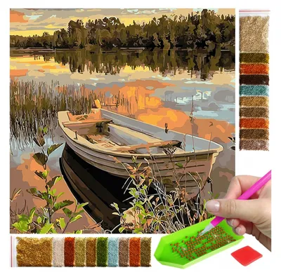 Produktbild von ARTULIO - Diamond Painting Set - Holzboot am See bei Sonnenuntergang - 30 x 30 cm - Bilder DIY, Crystal Art, Home Wand Deko