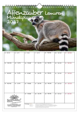 Produktbild von Affenzauber Lemuren Planer DIN A3 Kalender für 2027 Affen - Geschenkset Inhalt: 1x Kalender 1x Weihnachtsanhänger 1x Grußanhänger (gesamt 3 Teile)