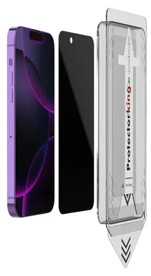 A disassembled view of a smartphone screen protector kit, showing a purple iPhone, a black privacy screen protector, and a clear installation guide.