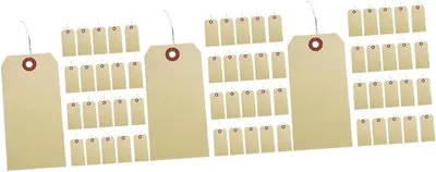 Immagine prodotto di 300 etichette in carta manila perforate, etichette di spedizione in bianco, etichette in bianco, etichette per imballaggio, filo metallico