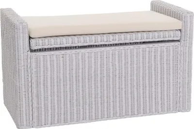 Produktbild von Aufbewahrungstruhe Genua, Truhe Sitzbank Garderobenbank, Kissen Kubu Rattan 88cm  weiß