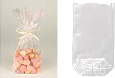 A collage showing a bag of heart-shaped candies and an empty clear plastic bag.