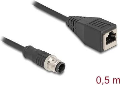 Produktbild von DeLOCK M12 Kabel D-kodiert 4 Pin Stecker zu RJ45 Buchse PVC 0,5 m, 0,5 m, Cat5e, S/FTP (S-STP), M12, RJ-45, Schwarz