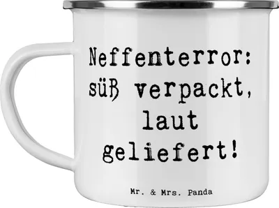 Produktbild von Mr. & Mrs. Panda Teetasse Spruch Neffe Chaos - Weiß - Geschenk, Terror, Familienleben, Energie, Bindung, Teebecher, Campingbecher, Pott, handgefertigt, Emaille Tasse