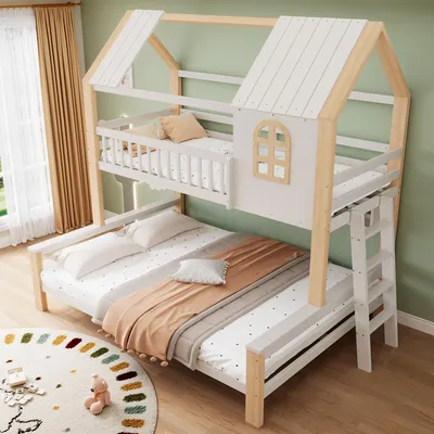 Produktbild von okwish Etagenbett Kinder 90/140×200 mit hoher Sicherheitsbarriere,Doppelbett mit Leiter,platzsparendes,Hausbett Weiß,ohne Matratze