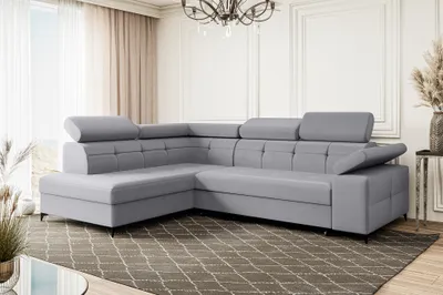 Produktbild von MEBLINI Schlafcouch mit Bettkasten - Ecksofa mit Schlaffunktion - Sofa mit Relaxfunktion und Kopfstützen - Couch L-Form - Eckcouch - Wohnlandschaft - BERGAMO - 274x203x83cm Links - Hellgrau Samt