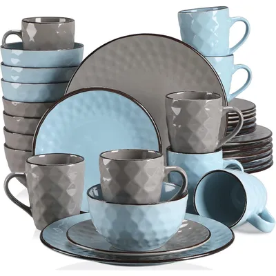 Produktbild von Tafelservice 32-teiliges Kombiservice Steingut Blau/Grau 8 Speiseteller, 8 Dessertteller, 8 Schalen, 8 Tassen