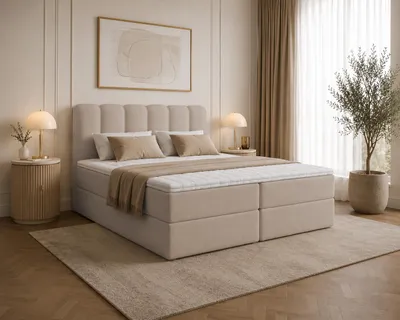 Produktbild von Boxspringbett SANDO ohne Topper Bett  mit Bettkästen Polsterbett, Bettgestell, Doppelbett, Stauraum, Schlafzimmer (160x200, Beige - Fredo 10)