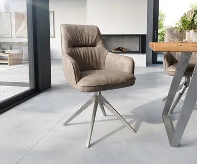 Produktbild von DELIFE Esszimmerstuhl Zelia-Flex mit Armlehnen Mikrofaser Taupe Vintage Kreuzgestell breit Edelstahl Taschenfederkern