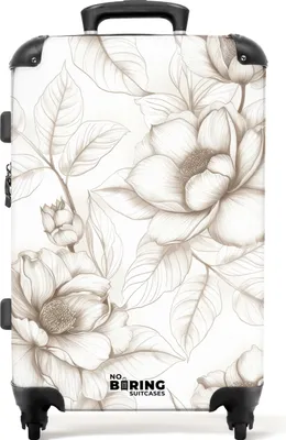 Produktbild von NoBoringSuitcases.com® Großer Koffer - Weiß mit beigen Blumen - Kombinationsschloss TSA - Hartschalen Trolley 4 Rollen - 72 liter - Reisekoffer - 66 cmKoffer Mittelgroß 67x43x25 cm, 72L,