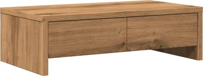 A wooden monitor stand with two drawers is shown against a white background.