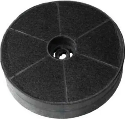 A black circular carbon filter with a hole in the center, shown from a slightly elevated angle.