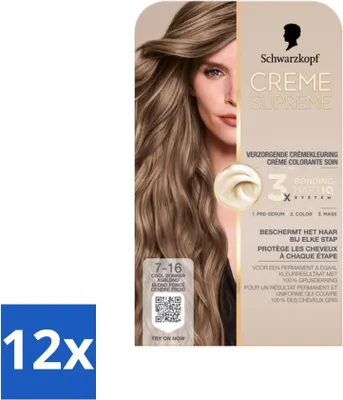Produktbild von Schwarzkopf - Haarfarbe - Creme Supreme 7-16 - Kühles dunkles Aschblond - 245 g - Vorteilspack - 12 Stücke