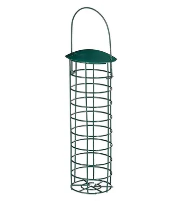Image de Support pour boules de graisse pour oiseaux, à suspendre. Distributeur de nourriture pour oiseaux sauvages. Colonne à nourriture avec toit, en fer. Boules de graisse pour oiseaux, pour l'extérieur. Station d'alimentation pour jardin