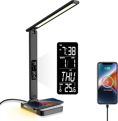 Produktbild von Czarna lampka biurkowa LED z ładowarką bezprzewodową, portem ładowania USB, lampką biurkową Ściemnialna lampka biurowa Lampka nocna Lampka do czytania
