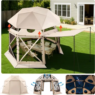 Immagine prodotto di Gazebo pieghevole Pop-up Partyzelt - Tenda a cupola a 13 lati - Dimensioni 3,6 x 3,6 m - Per 8-10 persone - Tetto rimovibile - Ventilazione a 360° - Protezione solare UV - Con borsa per il trasporto - Beige