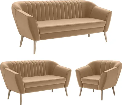 Produktbild von MEBLINI Mini Sofa Set 3-2-1 für Wohnzimmer - Mini Lounge für sechs Personen - Küchensofa - Sofa Klein - Sitzgarnitur - Polstergarnitur - Sofagarnituren - KAIA - 3+2+1 - Beige Samt