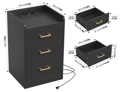 Immagine prodotto di Comodino con funzione di ricarica - Tavolino - 3 cassetti - 2 prese - 2 porte USB - 66 cm - Legno - Nero