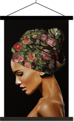 Produktbild von MuchoWow® Textilposter Frau - Kopftuch - Blumen 40x60 cm mit schwarzem Rahmen - Wanddekorationen