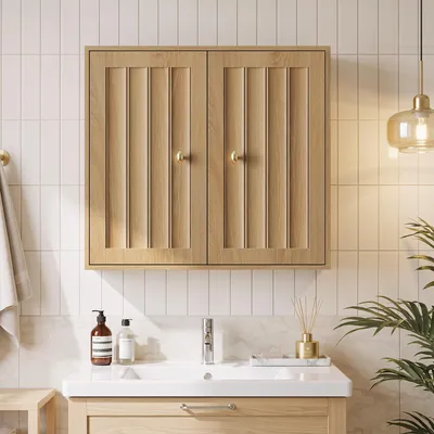 Imagen del producto de Armario de baño de pared, armario médico de dos puertas con diseño de ranuras verticales – Estantería de pared para el baño