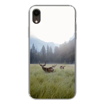 Produktbild von MuchoWow® Handyhülle Schutzhülle Hülle für iPhone XR Wald - Hirsche - Nebel Silikon Softcase Handy Hülle - Schutzdeckel